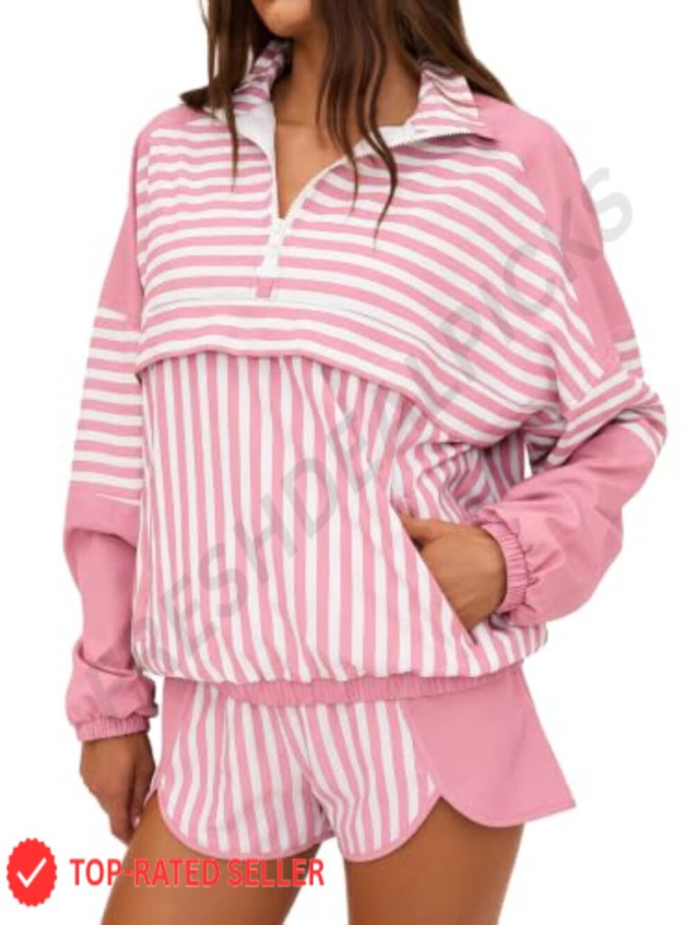 Striped 2 Piece Athletic Set Long Sleeve Zipper Top & Shorts Workout Outfit